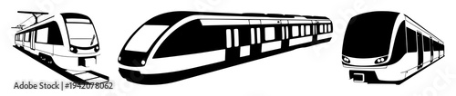 Hydrogen-powered commuter train set with a solid black silhouette featuring a futuristic design, aerodynamic shape, mass transit icon with clean energy and emission-free travel