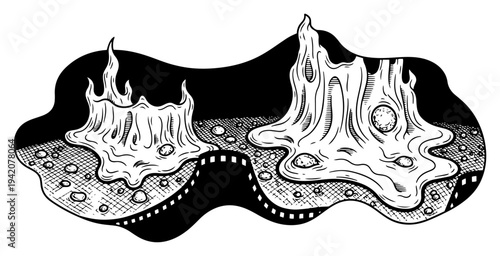 Surreal vintage engraving of melting organic structures and cinema film strip on textured ground