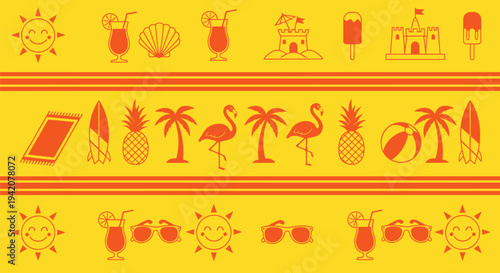 Set of summer icons vector, 30 tropical symbols
