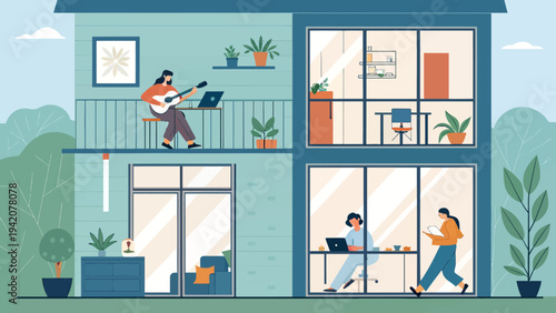 Modern home office with women working and creating content