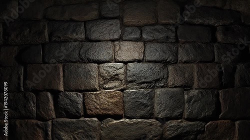 Dramatic spotlight illuminates the rugged, ancient stone wall, highlighting its rough texture and creating a mysterious, atmospheric backdrop for various design projects
