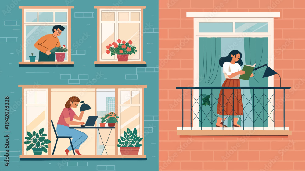 Fototapeta premium People enjoying plants and reading in cozy home environments