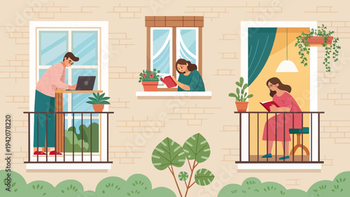 People enjoying quiet moments on balconies with plants and books
