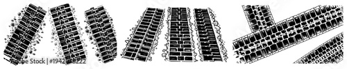 Collection of different tire track patterns and tread marks in vintage engraving style