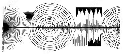 Abstract seismic waveform and concentric frequency circles in hand drawn vintage engraving style