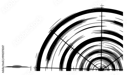 Technical radar screen with concentric rings and sweeping lines in hand drawn woodcut style