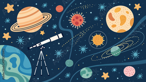 Vibrant illustration of planets, stars, and a telescope in space