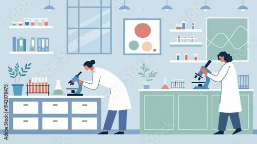Scientists working diligently in modern laboratory setting with microscopes
