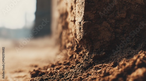Close up of brown textured soil with soft focus and natural lighting