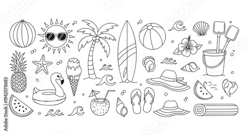 Set of 25 beach icons vector, line art summer symbols