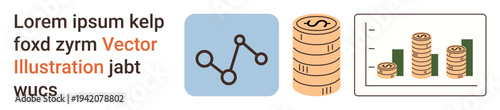 Financial analysis, economic growth, business planning, investment tracking, data visualization, statistical reports. Graph icon, stack of coins chart with bars. Financial analysis and economic