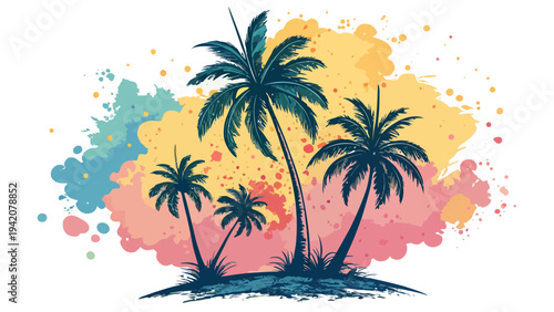 Vibrant tropical island getaway with palm trees and colorful abstract background