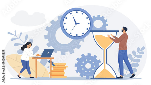 Business team working efficiently with clock and gears in background