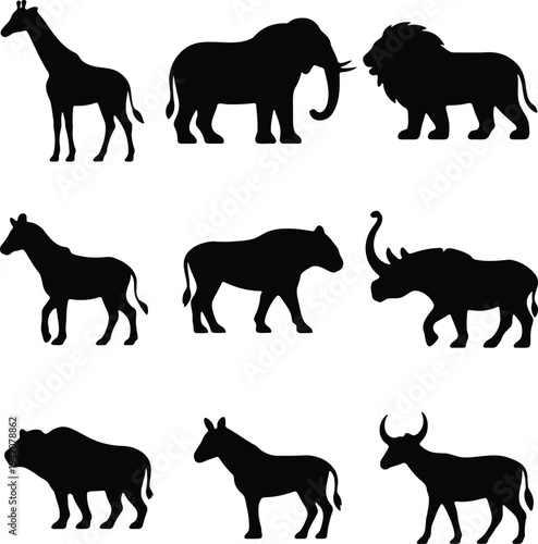 Canvas Print Set of 9 black silhouette icons featuring safari animals