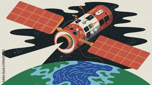 Orbital satellite transmitting scientific data to Earth. Spacecraft transmitting environmental and scientific data to ground stations.