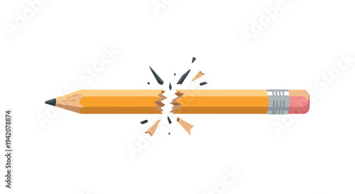 A single yellow wooden pencil with a pink eraser and silver ferrule is depicted broken precisely in its center, with splinters and graphite shards exploding outwards.
