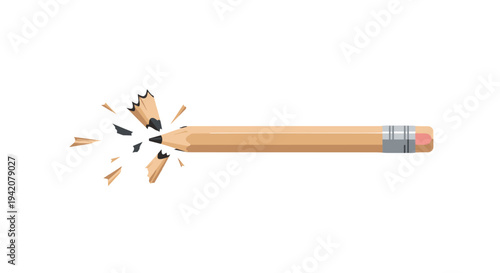 A light brown wooden pencil with a pink eraser is dramatically broken at its tip, scattering jagged wood splinters and graphite fragments across a pristine white background.