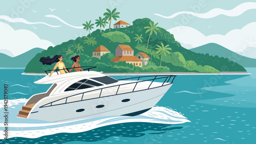 Luxury yacht cruising near tropical island with palm trees and villas