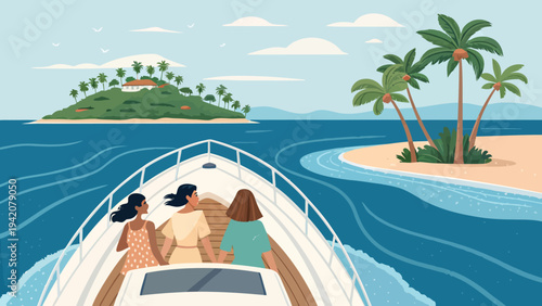 Three women enjoying luxurious yacht cruise in tropical paradise