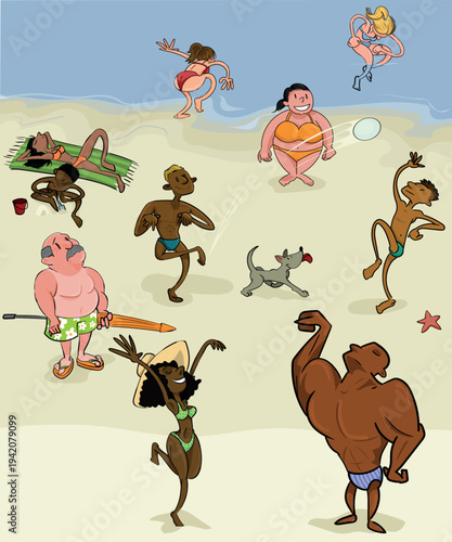 Pessoas se divertindo na praia – cena de verão com personagens caricatos