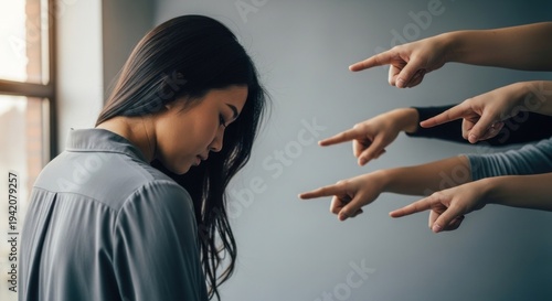 Woman feeling shame with fingers pointing at her social pressure concept.