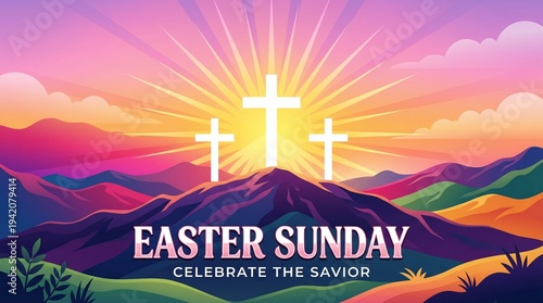 Happy Easter Sunday Cross Sunrise Celebration Savior Landscape Illustration Vibrant Colors