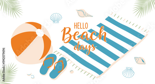 Beach summer vector illustration with towel, flip flops and ball