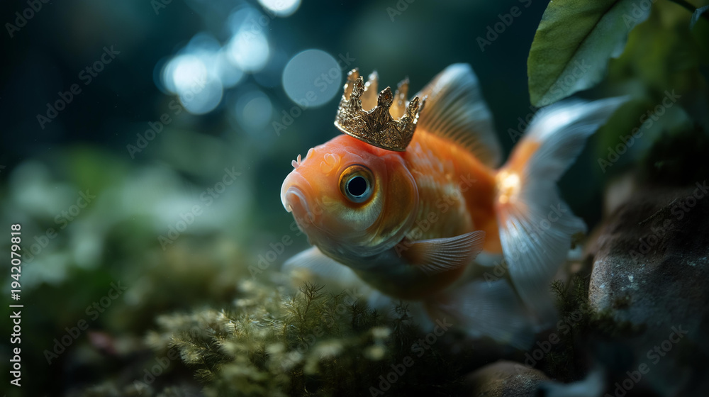 Fototapeta premium Goldfish wearing a tiny crown on its head with a sad downward expression, defocused background, whimsical royal fish concept, playful aquatic character art, with copy space