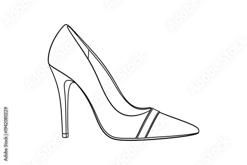 A black and white line drawing of a high-heeled shoe with a pointed toe and two thin straps, isolated on a white background, for fashion and design concepts.