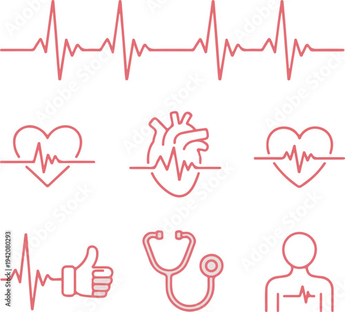 Red heartbeat line showing vital signs on transparent background.