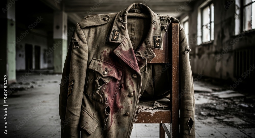 Obraz premium Bloodstained Military Uniform Draped on an Old Chair