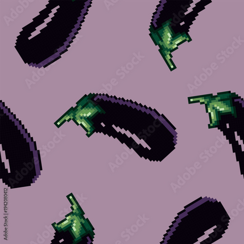 Seamless pixel art pattern with eggplants on lilac background, cute aubergine vegetable ornament for fabric and wallpaper, retro 8-bit style