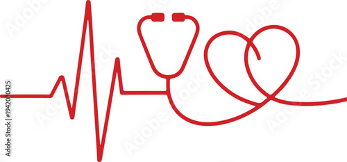 Stylized stethoscope with its cord forming a heart shape integrated into an electrocardiogram line representing love for healthcare.