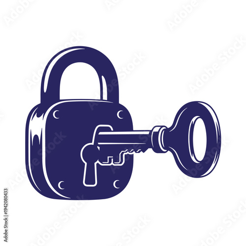 A blue padlock with a key inserted into it on a white background