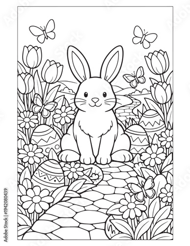 Cute easter bunny in spring garden with eggs and flowers coloring page