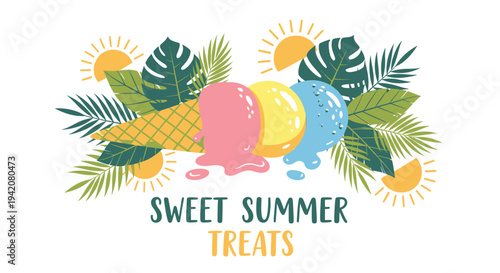 Vector illustration of colorful summer treats with tropical leaves and ice cream cones