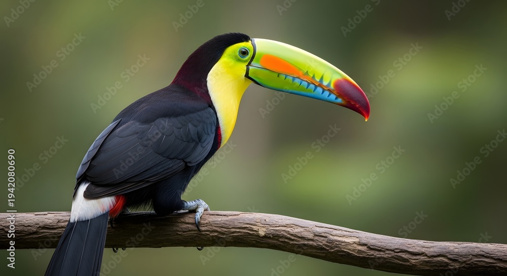 Fototapeta premium A vibrant toucan perches regally on a branch, its colorful beak and plumage a stunning testament to the beauty of the avian world. The image showcases the toucan in its natural habitat.