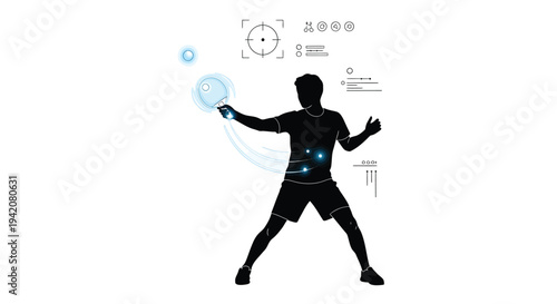 Vector silhouette of a male athlete playing tennis with blue graphic elements