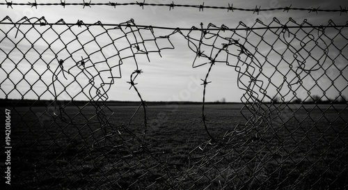Broken Chain Link Fence With Barbed Wire
