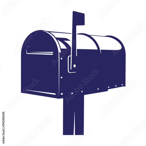 blue mailbox on a post with flag up for mail delivery