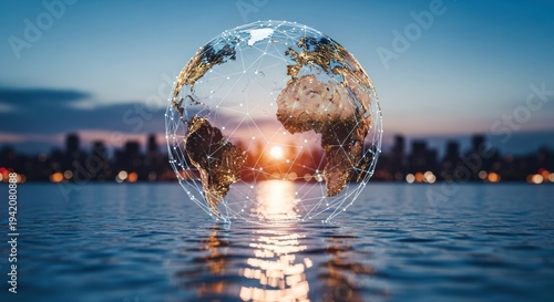Transparent Earth Globe Floating on Water with City Skyline at Sunset Environmental Concept.