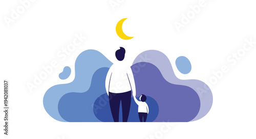 A minimalist illustration portrays a dark blue adult figure holding hands with a smaller white child both viewed from behind beneath a bright yellow crescent moon, Generative AI