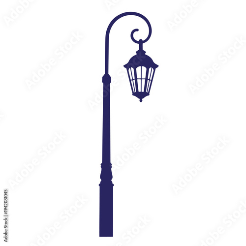 blue street lamp post with curved arm and lantern light on white background