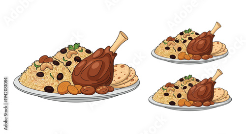 Three cartoonish plates of celebratory food each featuring a roasted meat shank fluffy rice with nuts and round flatbreads are arranged on a pristine white background, Generative AI