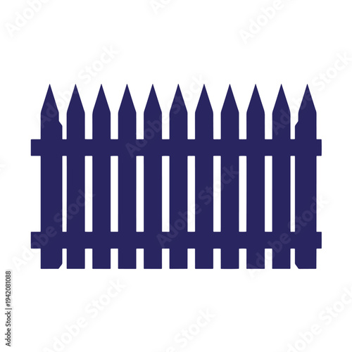 blue wooden picket fence with pointed pickets and horizontal rails on white background