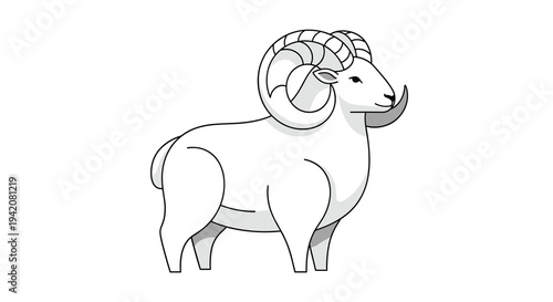 A elegant line art illustration portrays a majestic ram with impressive spiraled horns standing confidently in a side profile view against a pristine white background, Generative AI