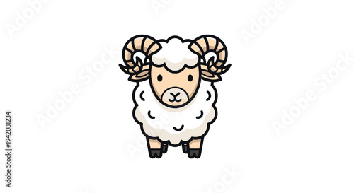 A delightful cartoon illustration presents a fluffy white sheep with small curled horns facing directly forward with a beige face and dark eyes on a pristine white background, Generative AI