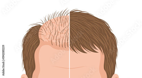 A detailed split image of a man's scalp clearly shows the left side with sparse brown hair due to baldness, contrasting with the right side's full, thick brown hair.