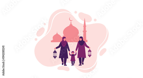 A charming flat illustration shows two women in hijabs and a child walking hand-in-hand each holding a lantern with a stylized mosque visible in the soft pink-toned background, Generative AI