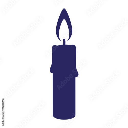 dark blue candle with flame burning on white background
